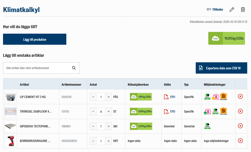 Klimatkalkyl hos J&auml;rna Tr&auml; som visar byggprodukters klimatp&aring;verkan och k&auml;lla.
