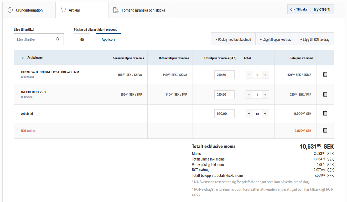 Offertverktyg hos J&auml;rna Tr&auml; som visar byggprodukter, pris och ROT-avdrag.