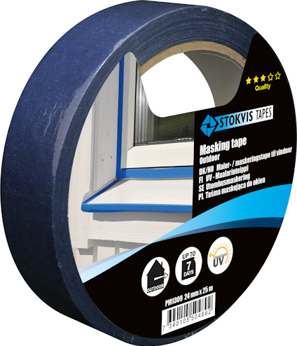 Mörkblå maskeringstejp med etikett som visar ord och symboler för användning utomhus och UV-beständighet.