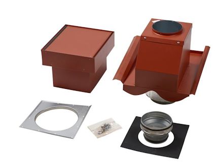 Röd ventilationshuv med tillbehör, inklusive monteringsplatta, packning och skruvar.