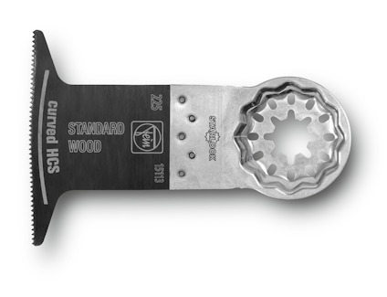 Sågblad med svart skärkant och metalliskt fäste. Text: "curved HCS", "STANDARD WOOD", och "STARLOCK".