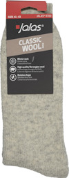 Grå ullstrumpa med etikett, "Jalas Classic Wool". Text: "Winter sock", "High quality Norwegian wool", "Retains shape". Storlek 41-43.