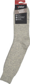 Grå strumpa med etikett som visar "Jalas Classic Wool" och storlek 43-46.