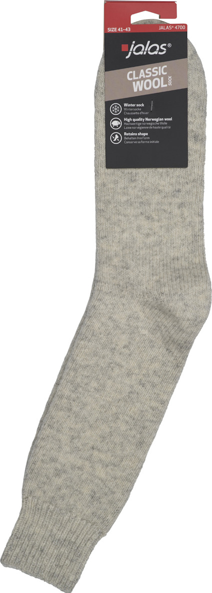 Grå strumpa med etikett som visar "Jalas Classic Wool" och storlek 43-46.