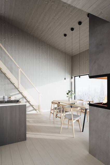 Modernt kök med trämöbler, grå väggar, trätrappa och stora fönster som släpper in naturligt ljus.