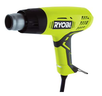 Elektrisk värmepistol i grönt och svart med märket "RYOBI" på sidan.