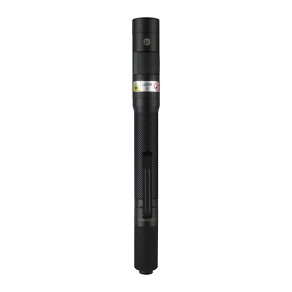 Svart cylindrisk laserpekare med varningsetikett och text "Laser" synlig på kroppens sida.