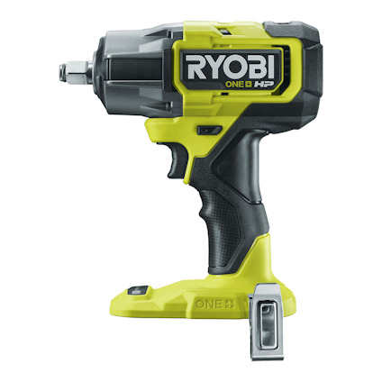 Grön och svart batteridriven mutterdragare med texten "RYOBI ONE+ HP" på sidan.