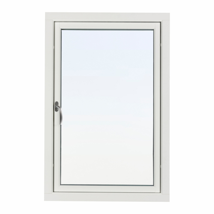 Vit rektangulärt fönster med en enkel glasruta och en metallhandtag på vänster sida.