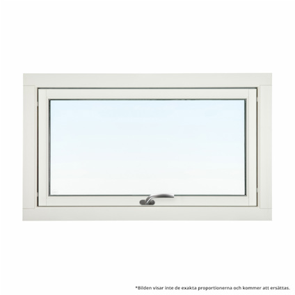 Rektangulärt vitt fönster med glasruta och en vridbar handtag i nedre kanten.