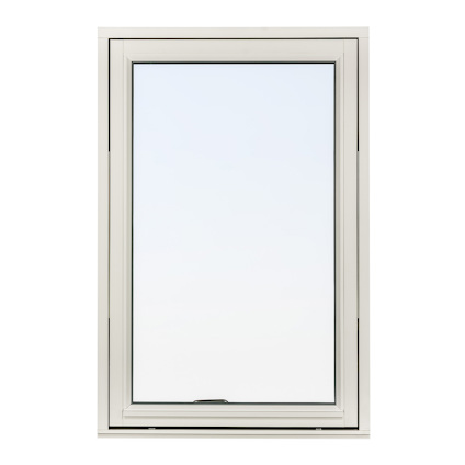 Rektangulärt fönster med vit karm och klart glas mot vit bakgrund.