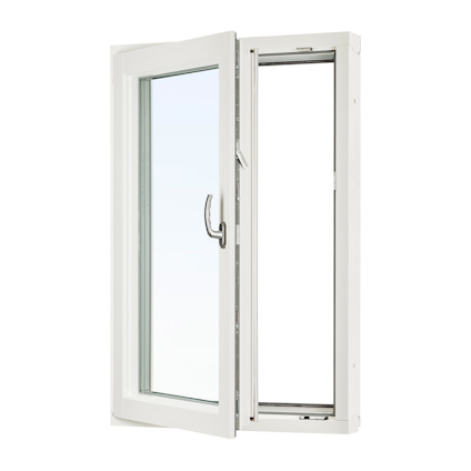 Sidohängt trä/aluminiumfönster med tre glaslager, öppnas inåt, vitt handtag.