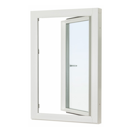 Vit fönsterram med ett öppet glasfönster inuti, visar en enkel modern design.