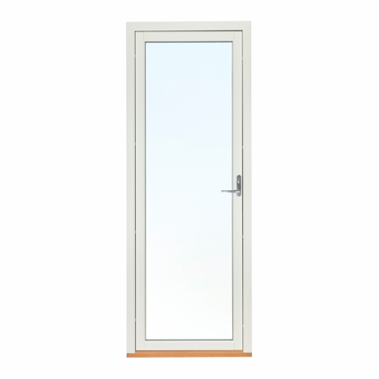 Glasdörr med vit karm och handtag på ena sidan, placerad mot en vit bakgrund.