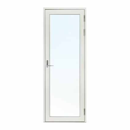 Fönsterdörr i vit färg med glasrutor och silverfärgat handtag och gångjärn.