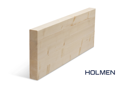 Rektangulär limträbalk av ljust trä, med texten "HOLMEN" i nedre högra hörnet.