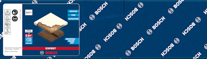 Blå Bosch-förpackning med vit text och logotyper, produktbild av slipprodukt för trä och metall.