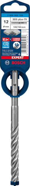 Borr med spiraldesign och blå etikett med text: "SDS plus-7X, Ø 12 mm, 100/165 mm, Bosch".