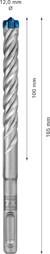 Borr med spiralform och blå spets. Text: "12,0 mm", "100 mm", "165 mm".