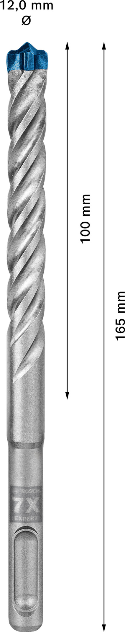 Borr med spiralform och blå spets. Text: "12,0 mm", "100 mm", "165 mm".