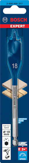 Förpackning med Bosch Expert 18 mm borr med Speed Clean- och Self-Cut-teknik.