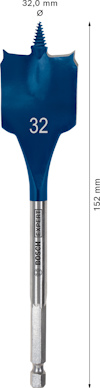 Blå borrspets med brett blad, märkning 32 mm och 152 mm, Bosch varumärke.