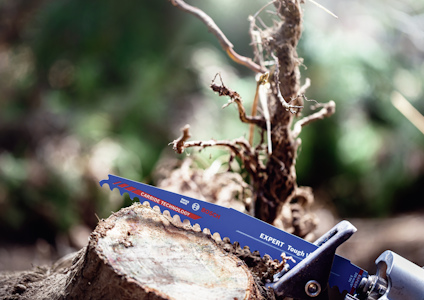 Motorsåg med blått sågblad märkt "EXPERT Tough", skär genom en trästubbe.