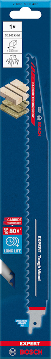 Förpackning med Bosch Expert sticksågblad för trä med metall, 1320 mm, med text och bilder av material det skär.