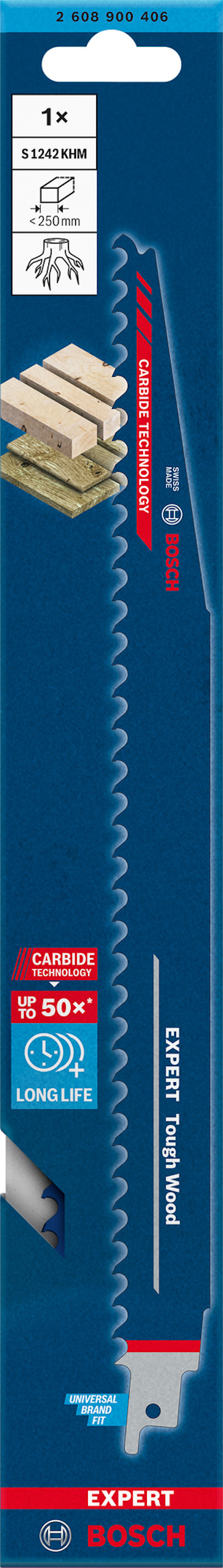 Förpackning med Bosch Expert sticksågblad för trä med metall, 1320 mm, med text och bilder av material det skär.