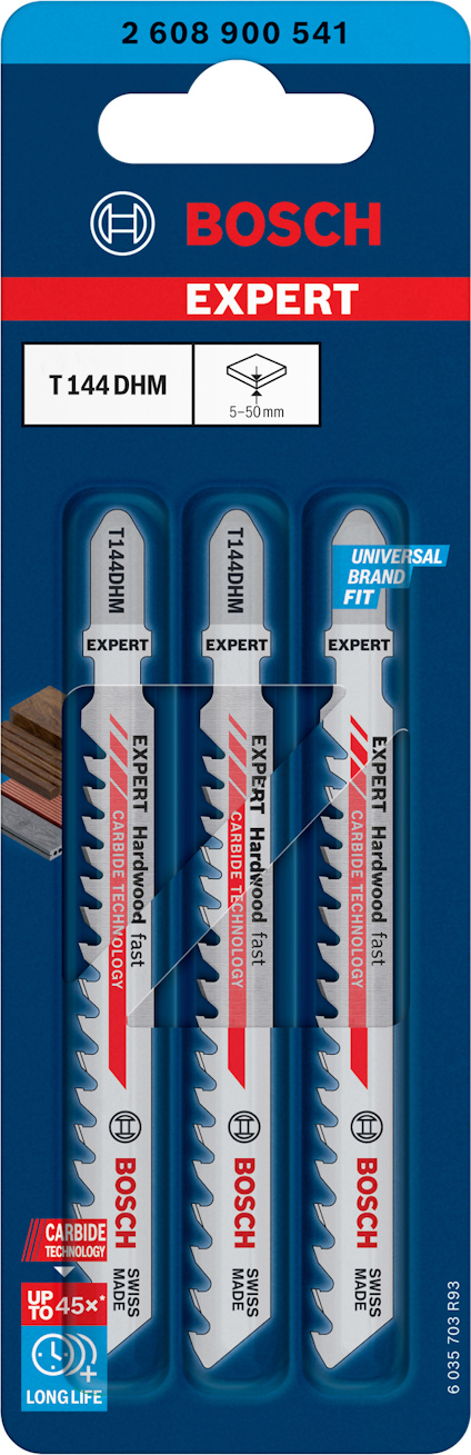 Förpackning med tre Bosch Expert sågblad, modell T144 DHM, för universell träbearbetning.