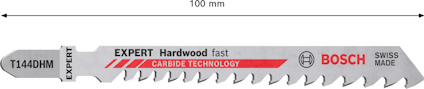 Sticksågblad av metall med text: "T144DHM", "EXPERT", "Hardwood fast", "Carbide Technology", "Bosch", "SWISS MADE", längd 100 mm.