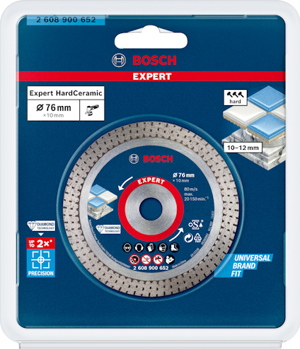 Förpackning med Bosch Expert HardCeramic sågklinga, 76 mm i diameter, för keramiska material, passar universella märken.