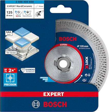 Förpackning med Bosch X-Lock kakelkapklinga, diameter 125 mm, för hård keramik.