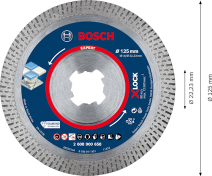 Diamantkapskiva med Bosch-logotyp, X-LOCK-system, Ø 125 mm och centrumhål Ø 22,23 mm.