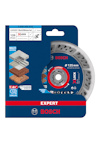 Förpackning med Bosch Expert X-Lock skiva för multimaterial, storlek 125 mm, visar användning på tegel och sten.