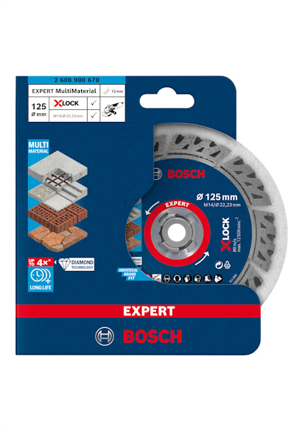Förpackning med Bosch Expert X-Lock skiva för multimaterial, storlek 125 mm, visar användning på tegel och sten.