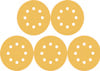 Fem guldfärgade sandpapper med cirkulära hål, placerade i ett pyramidmönster.