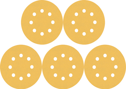 Fem guldfärgade sandpapper med cirkulära hål, placerade i ett pyramidmönster.