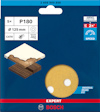 Förpackning med sandpapper, kornstorlek P180, diameter 125 mm, Bosch Expert. 5 st. Rund gul sliprondell med hål.
