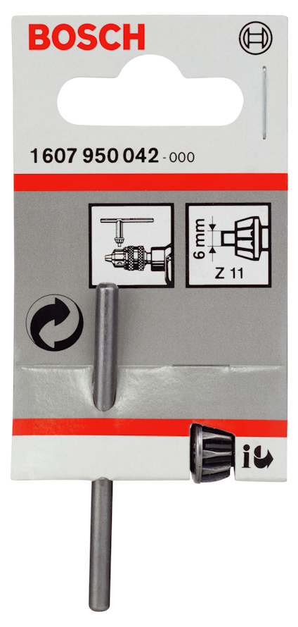 Förpackning med Bosch 1607 950 042.000 tillbehör; inkluderar en metallstav och diagram på vit bakgrund.