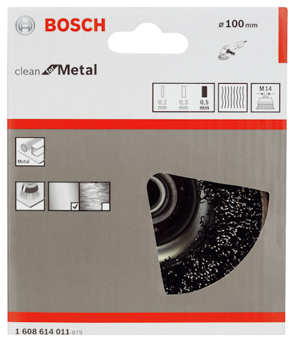 Förpackning för Bosch metallrengöringsskiva, 100 mm, med tydlig branding och specifikationer.