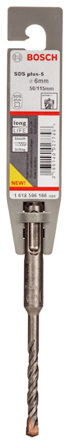 Borr från Bosch SDS plus-5, 6 mm diameter, 115 mm längd, med förpackning som visar streckkod och produktinformation.