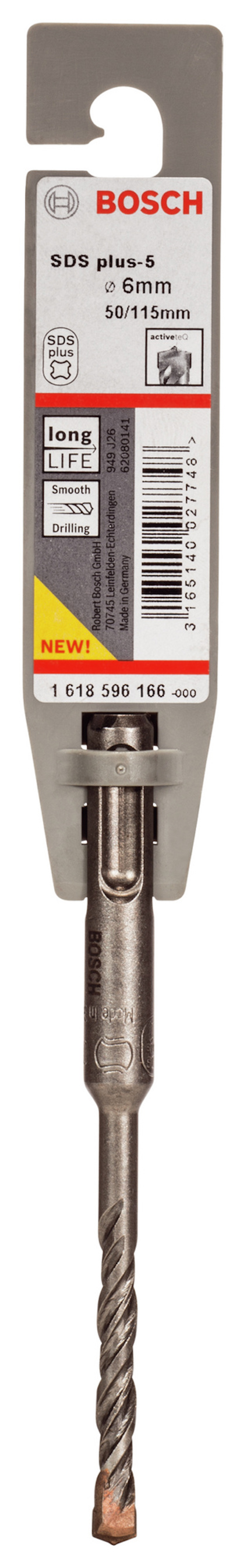Borr från Bosch SDS plus-5, 6 mm diameter, 115 mm längd, med förpackning som visar streckkod och produktinformation.