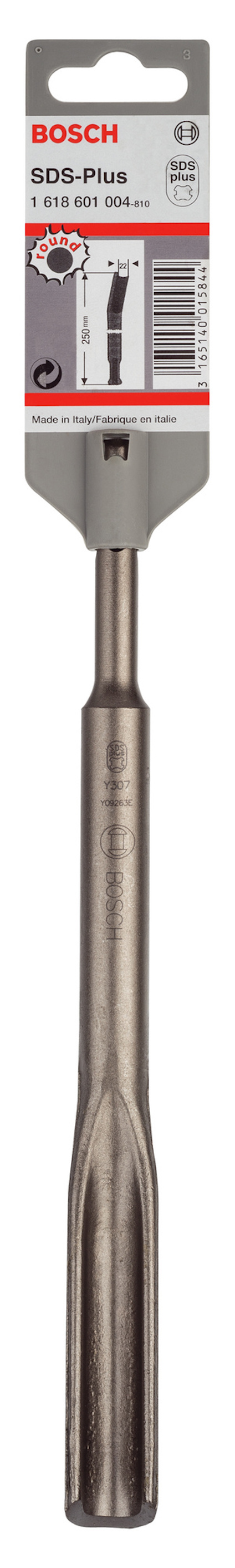 Mejsel med handtagsetikett från Bosch, SDS-Plus 18x250 mm, synlig förpackning med streckkod.