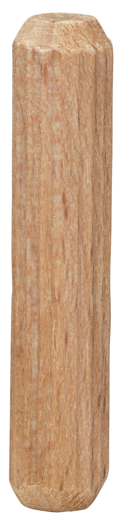 Träplugg i trä med cylindrisk form och fasade kanter.