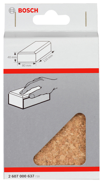 Förpackning med sandpapperkloss från Bosch, innehåller illustrerad instruktion och specifikationer 40 mm x 80 mm x 100 mm.