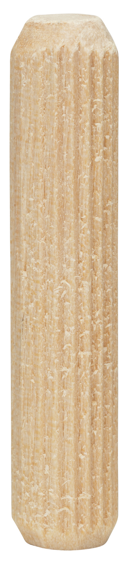 Cylindrisk träplugg med räfflad yta och avfasade kanter.