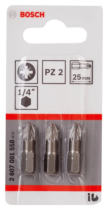 Förpackning med tre Bosch PZ 2 bits, 25 mm, 1/4" fäste. Produktnummer: 2 607 001 558.
