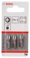 Förpackning med tre Bosch skruvbits PH2, 25 mm, 1/4" infästning.