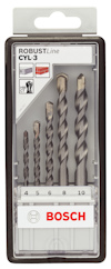 Borrsats med fem bitar i olika storlekar från Bosch, märkta CYL-3, i en transparent plastförpackning.